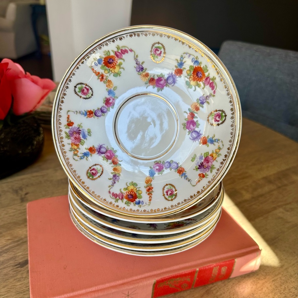 6 Vintage Dresden Floral Garden Saucers